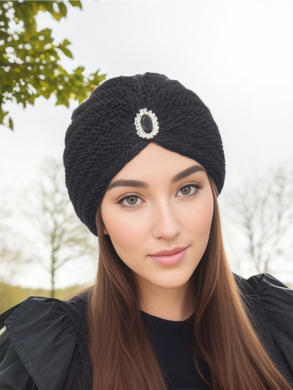 Knitted Beanie with Rhinestone Charm Hat