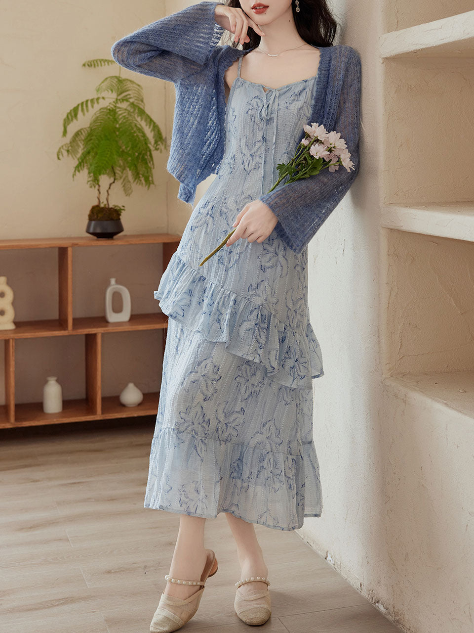 2PS Blue Floral Print Spaghetti Strap Dress With Blue Shawl Dress Suit