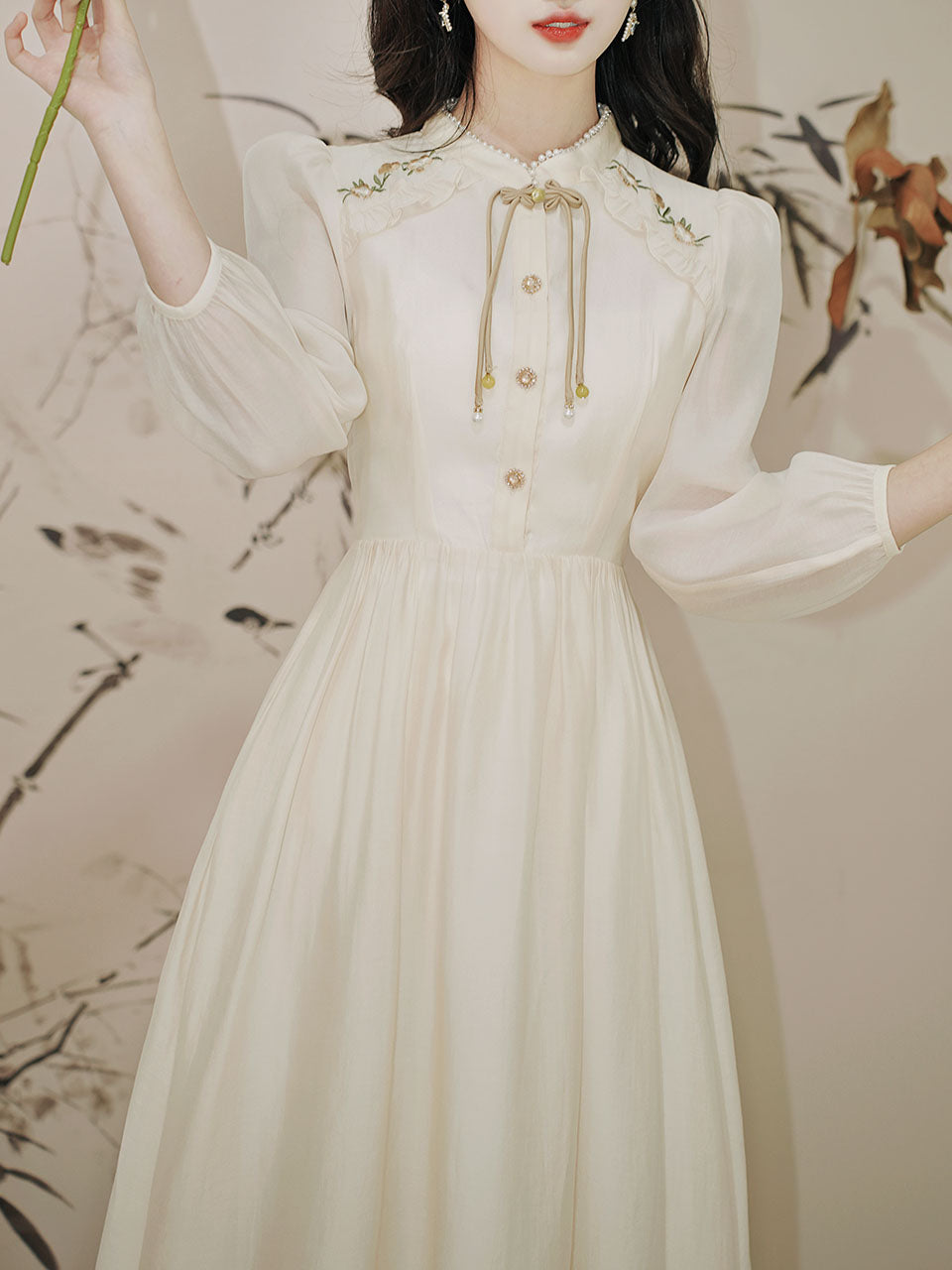 Apricot Embroidered Long Sleeve Vintage Dress with Belt