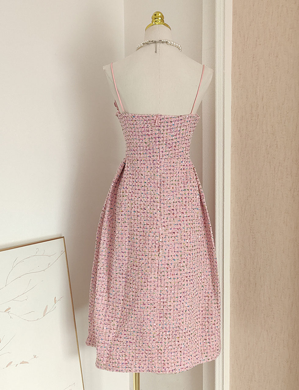 Pink Camellia Flower Spaghetti Strap Tweed Party Dress