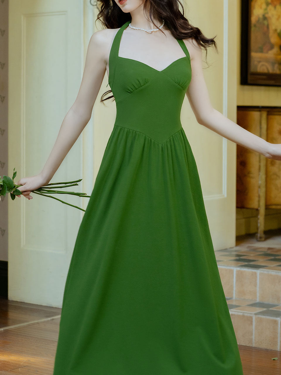 Green Halter Backless Vintage Dress Prom Dress With Short Cardigan