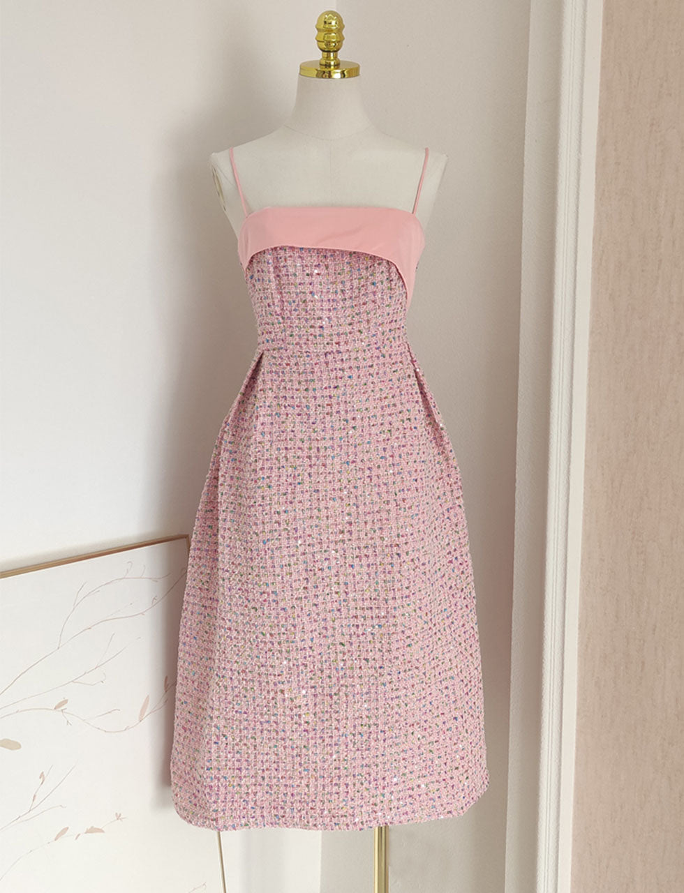 Pink Camellia Flower Spaghetti Strap Tweed Party Dress