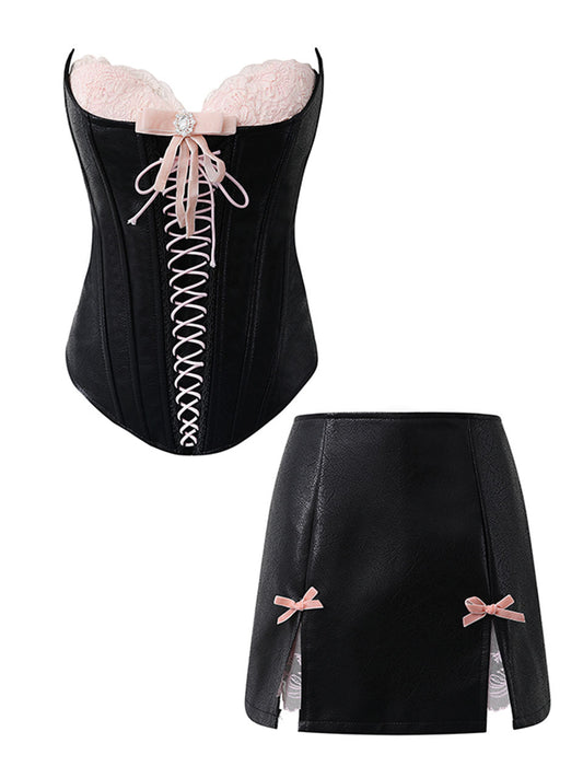 Black And Pink Retro Corset Sleeveless Vintage Top With Skirt Suit