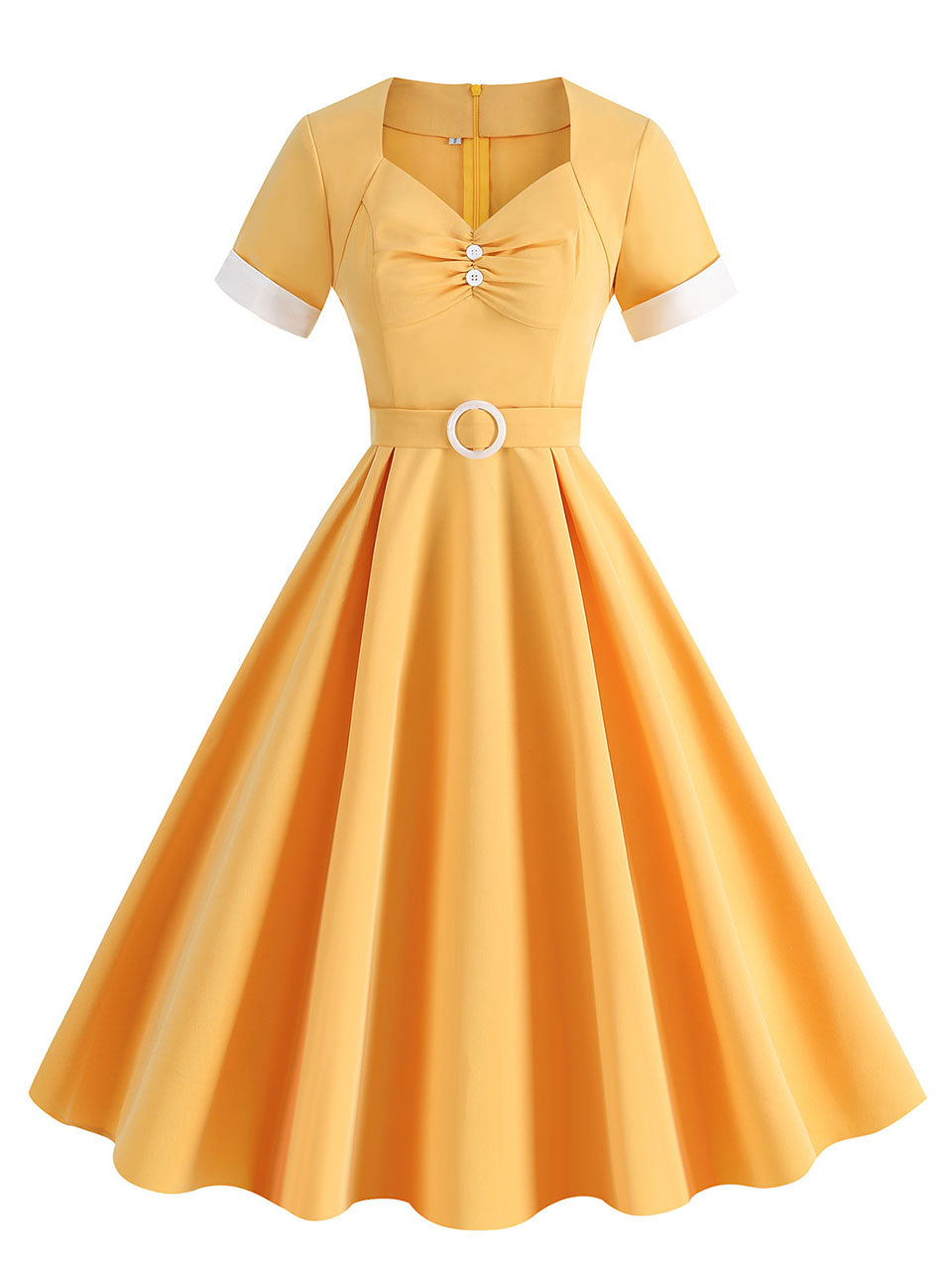 Yellow Sweet Heart 1950s Vintage Shirt Dress for Women Short Sleeve Audrey Hepburn Style Cocktail Swing Dress