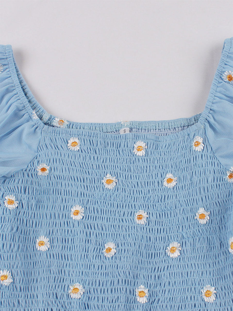 Blue Daisy Puff Sleeve Smocking 1950S Vintage Dress