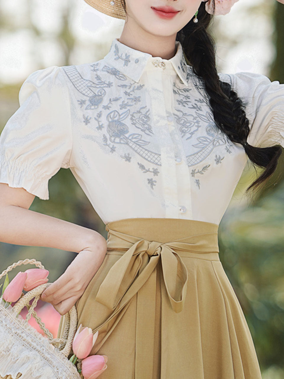 Baby Blue 1950S Vintage Embroidered Short Sleeve Shirt And Swing Skirt Set