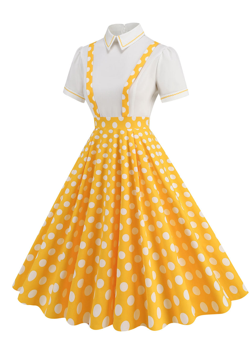 Yellow Polka Dots High Waist Audrey Hepburn Style Cocktail Suspender Swing Dress