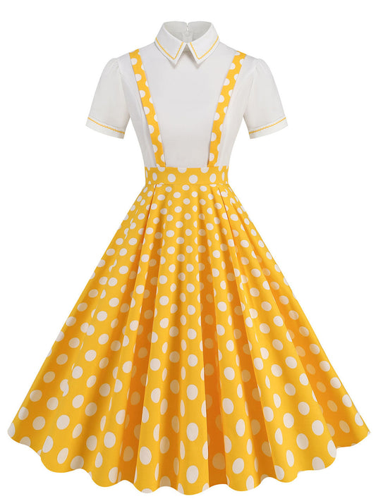 Yellow Polka Dots High Waist Audrey Hepburn Style Cocktail Suspender Swing Dress