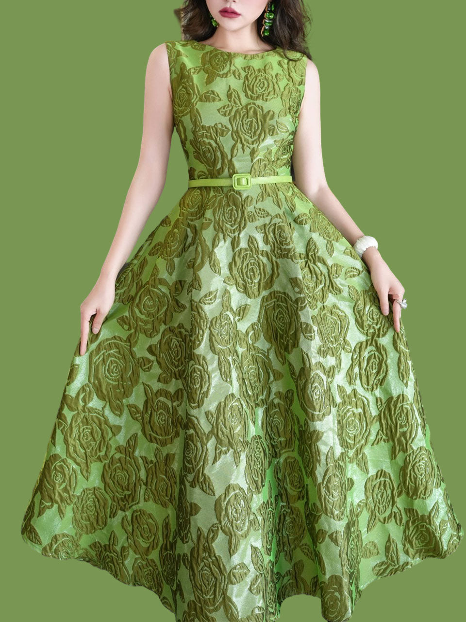 Green Luxury Rose High Waist Swing Vintage Dress With Pockets