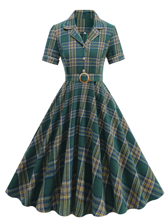 Green Plaid Turn Down Collar Short Sleeves 1950S VintageShirt Dress With Pockets