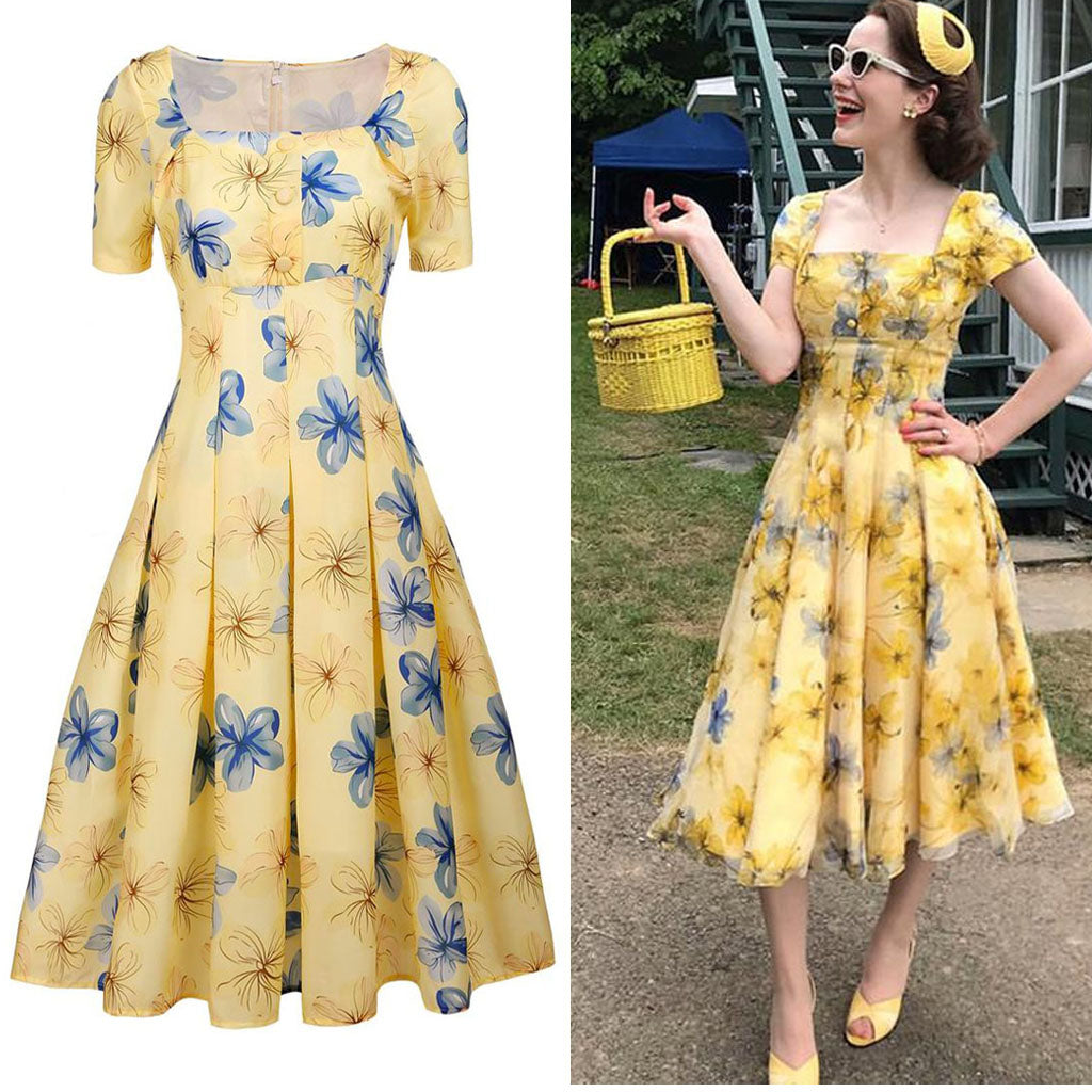 The Marvelous Mrs.Maisel Same Style Yellow Floral Swing 50S Dress with Glass