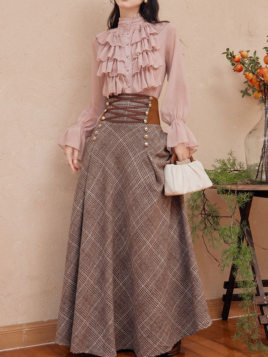 2PS Pink Ruffles Shirt and Plaid Brown Swing Skirt Suit Women Vintage Medieval Victorian Dress