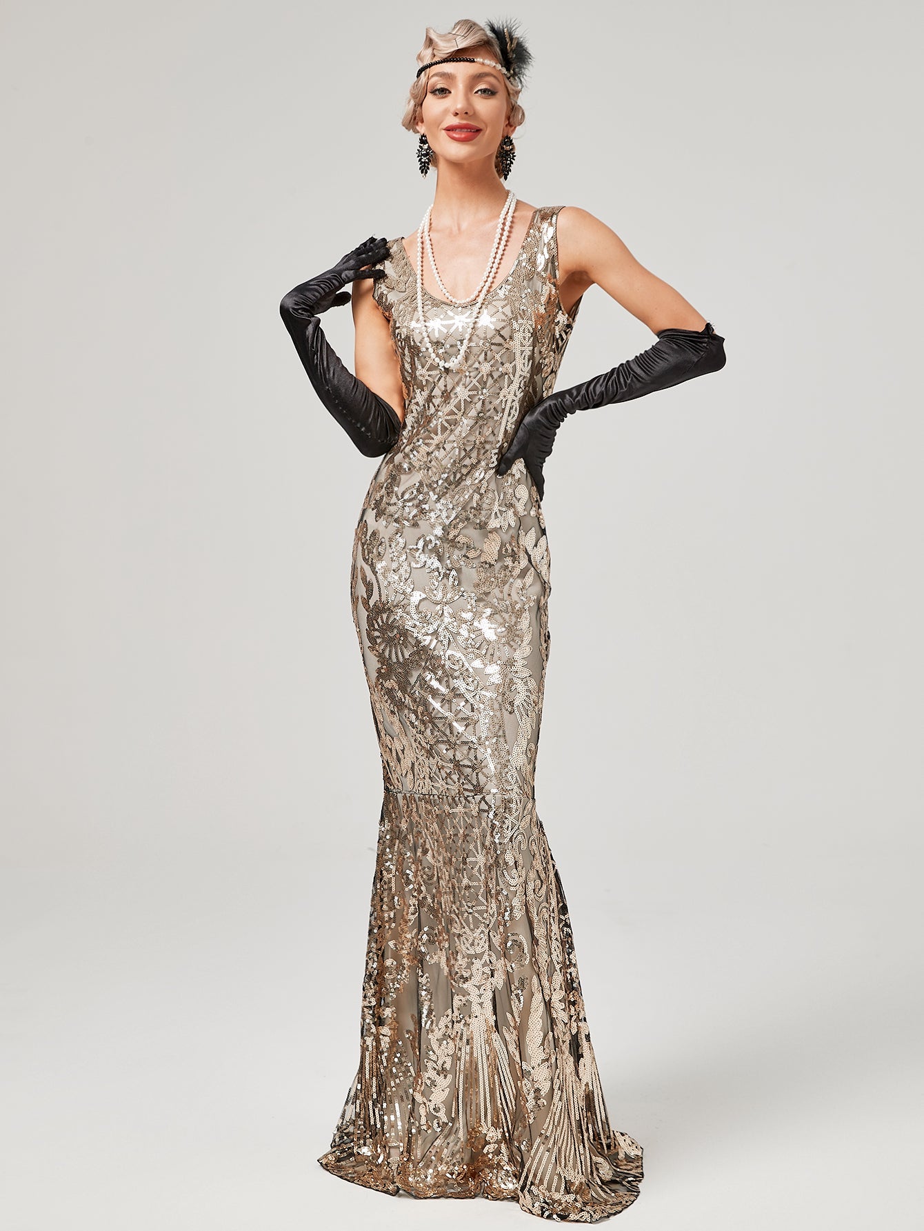 Gold 1920S Sequined Fringe Flapper Maxi Dress